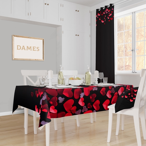 Fata de masa neagra din satin imprimat cu model inimi CMD5658 - Img 1