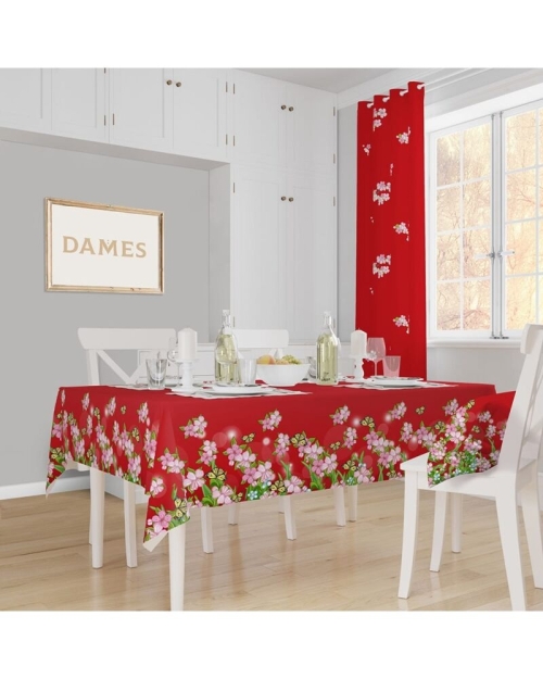 Fata de masa rosie din satin imprimat cu model floral CMD2512 - Img 1
