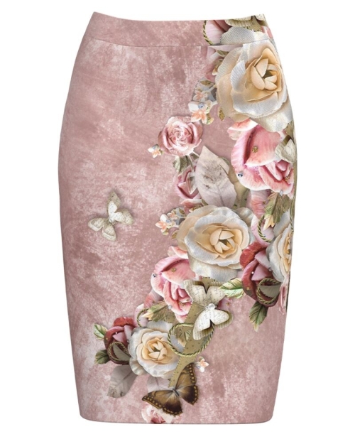 Fusta conica in nuante de roz imprimata cu model floral CMD3782
