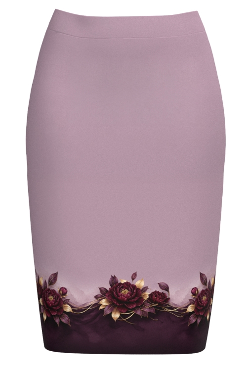 Fusta conica mov pudrat imprimata cu model floral