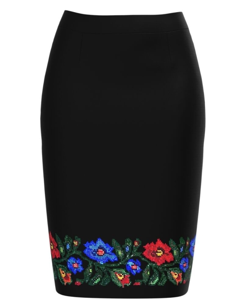 Fusta conica neagra imprimata cu model floral traditional CMD2967