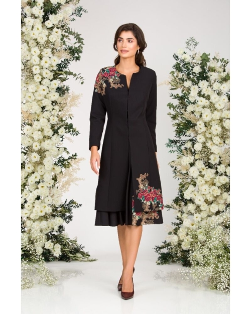 Jacheta de dama lunga neagra imprimata cu model floral - Img 3