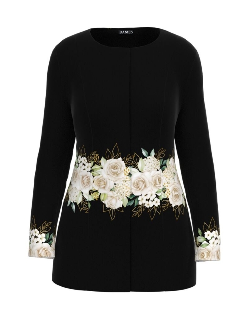Jacheta de dama neagra de lungime medie imprimata cu model Floral CMD3413