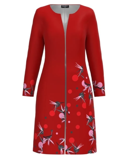 Jacheta de dama rosie lunga imprimata cu model floral CMD3063