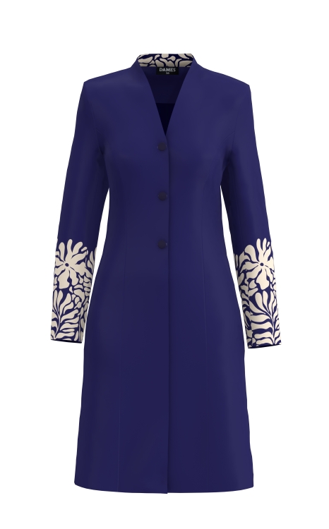 Pardesiu bleumarin elegant cu guler inalt din velur imprimat floral