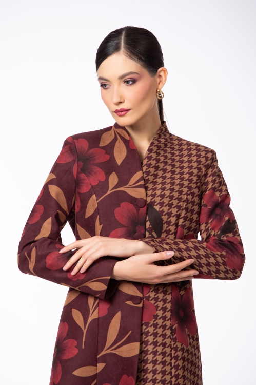 Pardesiu elegant cu print floral din catifea reiata - Img 2