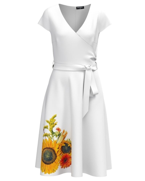 Rochie alba clos eleganta de vara imprimata Floarea soarelui