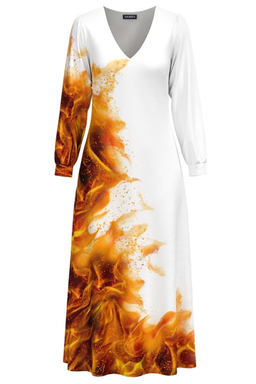 Rochie alba eleganta cu maneca lunga imprimata Flacari CMD3717
