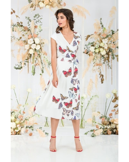 Rochie alba eleganta de vara cu maneca scurta si imprimeu Fluturi CMD740 - Img 3