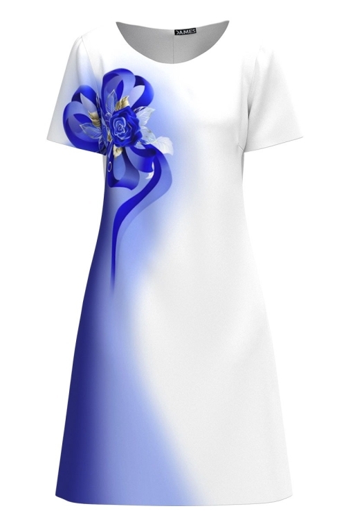 Rochie alba evazata imprimata cu model floral albastru