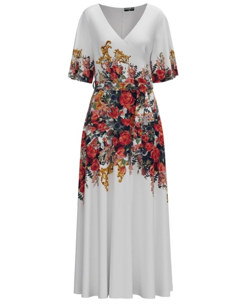 Rochie alba lunga eleganta de seara imprimata cu model floral CMD2584