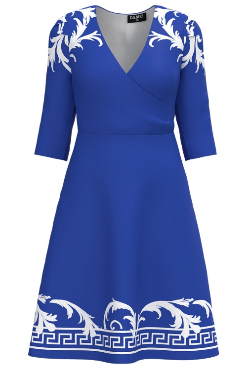Rochie albastra cu bust petrecut imprimata baroc