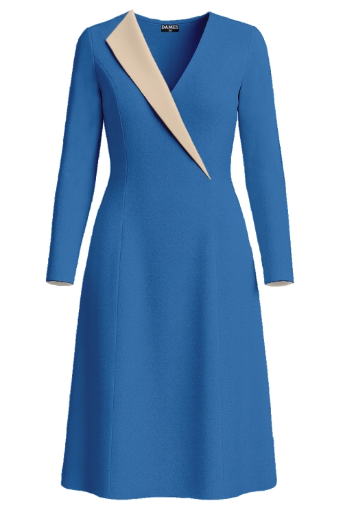 Rochie albastra cu rever asimetric in contrast