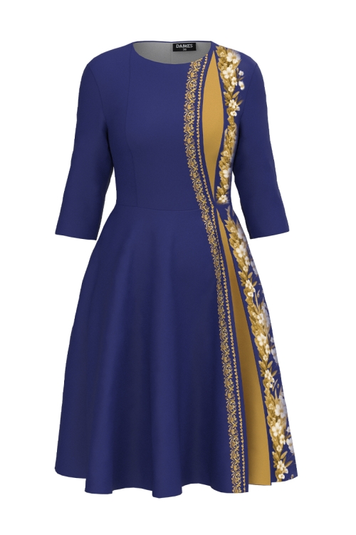 Rochie albastra eleganta clos cu sectiune in contrast flori de Iasomie
