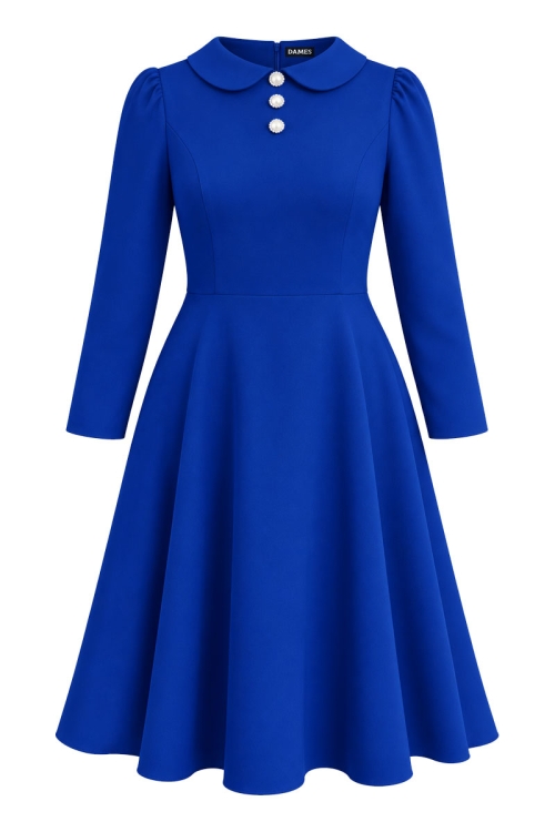 Rochie albastra semiclos cu guler rotund si maneci lungi