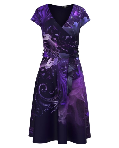 Rochie albastru violet eleganta de vara cu maneca scurta imprimata floral - Img 1