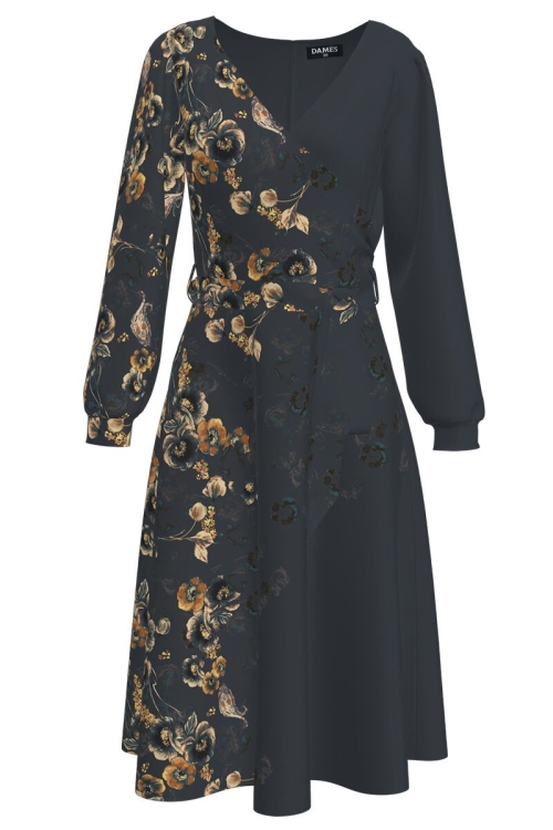 Rochie antracit eleganta cu maneca lunga si imprimeu floral CMD1402 - Img 2
