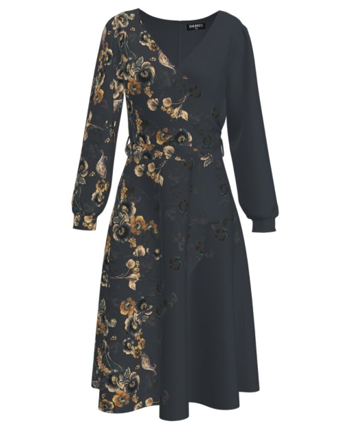 Rochie antracit eleganta cu maneca lunga si imprimeu floral CMD1402 - Img 1