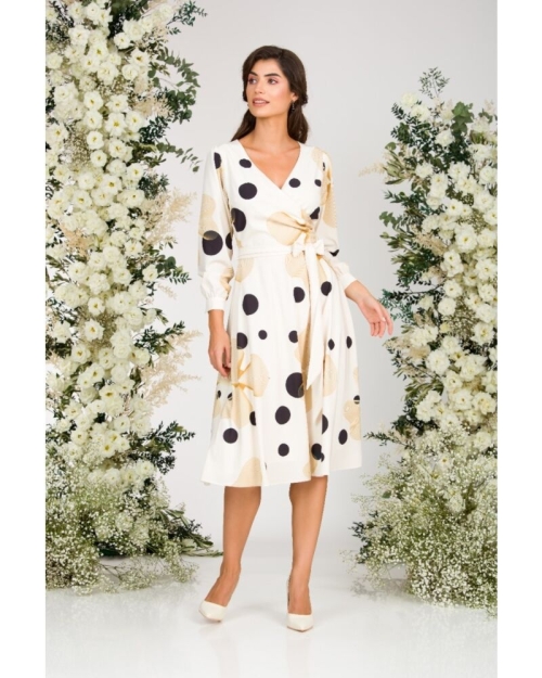 Rochie bej eleganta cu maneca lunga imprimata cu model Abstract CMD2937 - Img 5