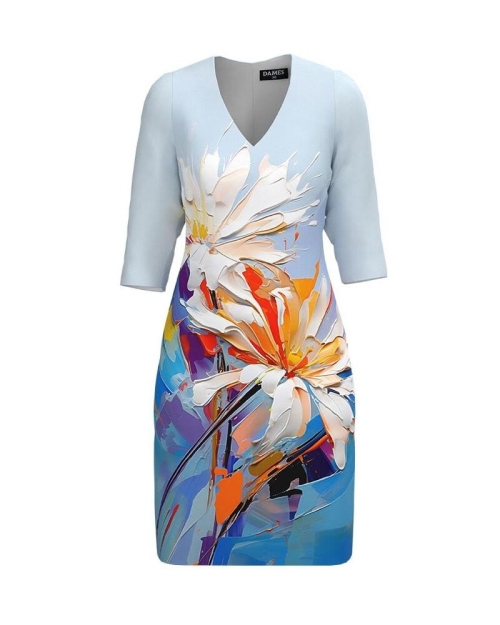 Rochie bleu casual cu decolteu in V imprimata floral