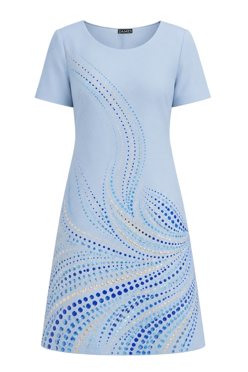 Rochie bleu casual evazata imprimata arta punctilista