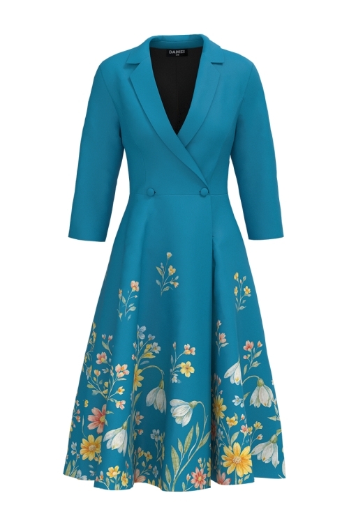Rochie bleu tip pardesiu petrecuta cu imprimeu floral