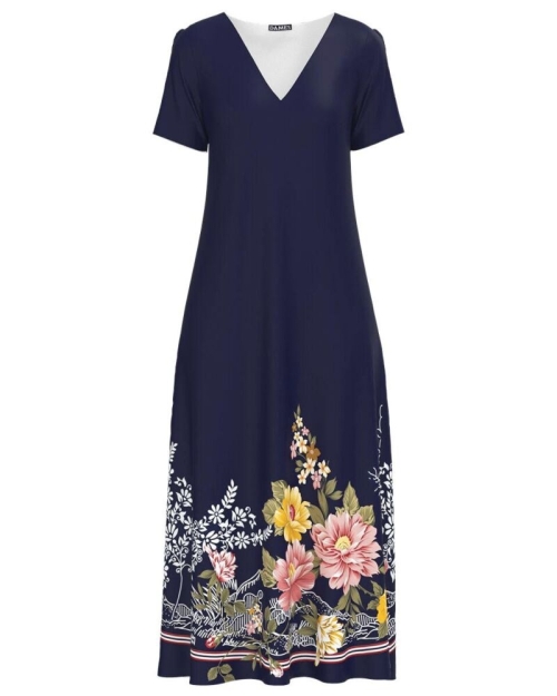 Rochie bleumarin de vara lunga cu buzunare imprimata floral