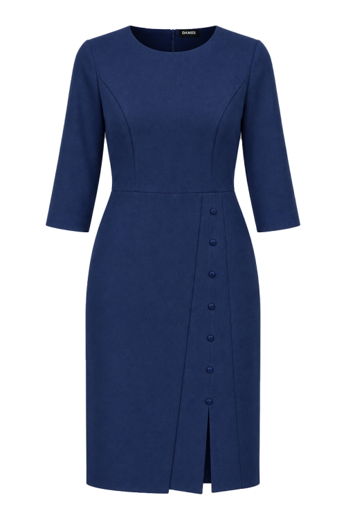 Rochie bleumarin din stofa Valeria cu decolteu rotund si slit pe picior