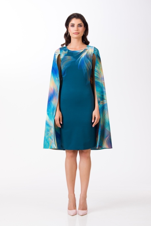 Rochie bleumarin eleganta cu pelerina imprimata multicolor SS24 - Img 2