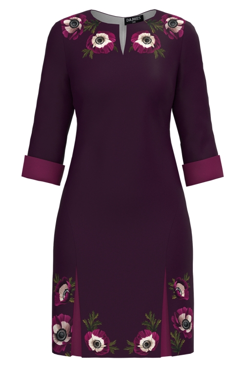 Rochie bordo casual cu detalii imprimate floral Anemone
