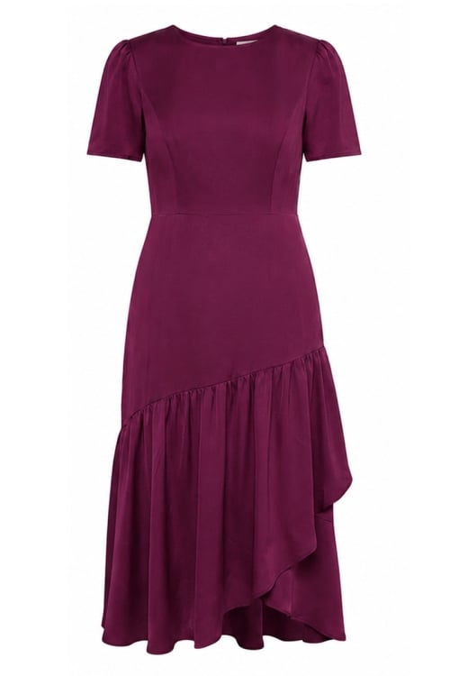 Rochie bordo din vascoza satinata cu volane asimetrice