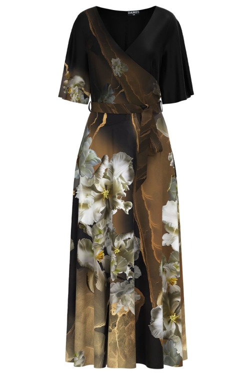 Rochie cafenie lunga eleganta de seara imprimata digital cu model Floral CMD1057 - Img 2