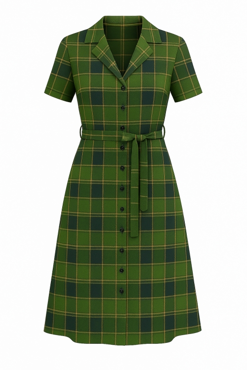Rochie camasa cu buzunare din vascoza verde in carouri
