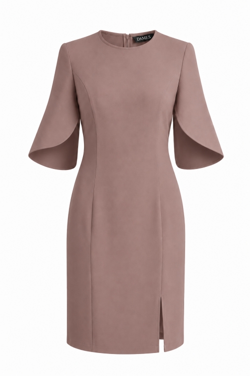 Rochie cappuccino eleganta cu maneci asimetrice si slit pe picior