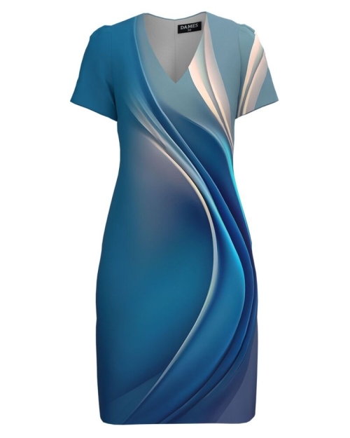Rochie casual albastra cu decolteu in V imprimata abstract
