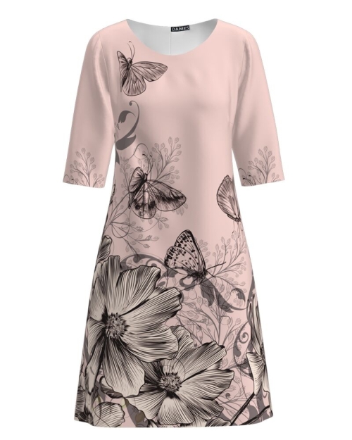 Rochie casual bej imprimata flori si fluturi CMD1227 - Img 1