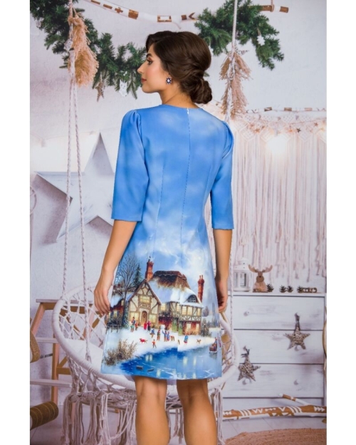Rochie casual bleu imprimata Craciun CMD303 - Img 5