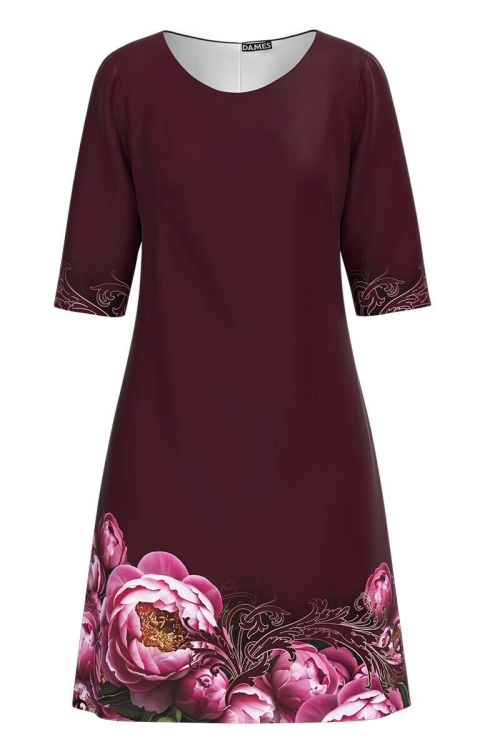 Rochie casual bordo imprimata cu model Bujori CMD3647 - Img 2