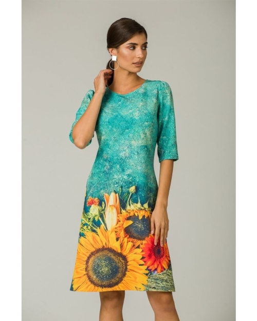Rochie casual cu maneca imprimata digital Floarea soarelui CMD216 - Img 1
