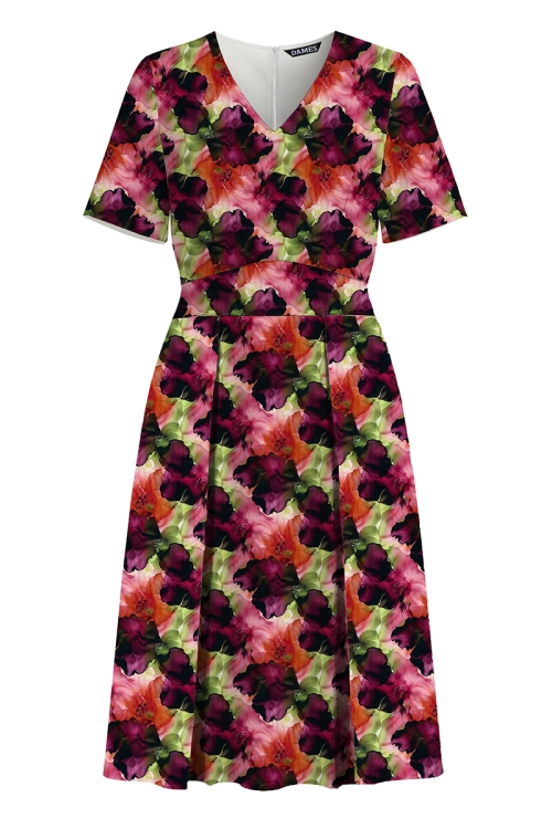 Rochie casual de vara din crepe cu pliuri Flori de acuarela