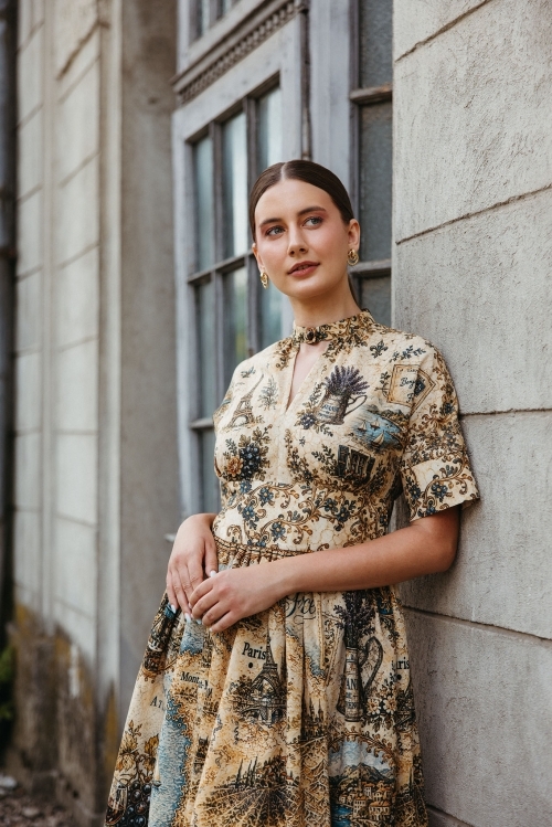 Rochie casual din in cu guler tunica Cartoline Franta - Img 2