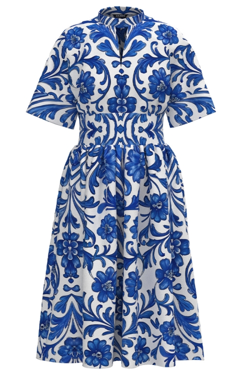 Rochie casual din in cu imprimeu floral albastru si guler tunica