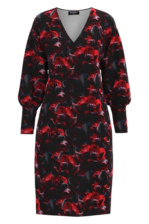 Rochie casual gri carbune din catifea imprimata Flori de Foc