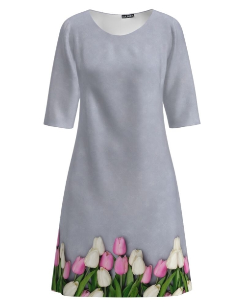 Rochie casual gri imprimata cu model floral Lalele CMD2128 - Img 1