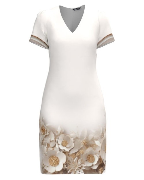 Rochie casual ivory cu decolteu in V imprimata Floral CMD4389