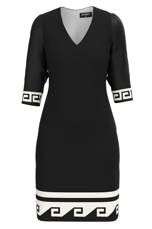 Rochie casual neagra cu decolteu in V imprimata Aztec