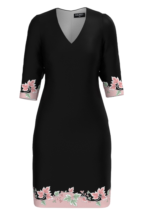 Rochie casual neagra cu decolteu in V imprimata cu model floral