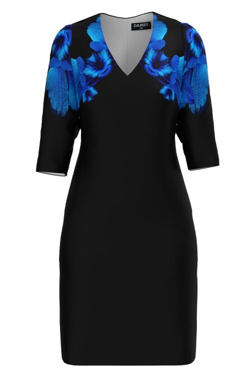Rochie casual neagra cu decolteu in V imprimata flori albastre