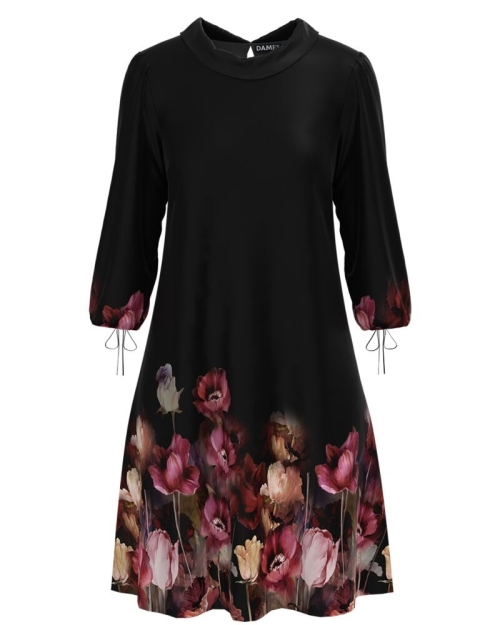 Rochie casual neagra cu maneca trei sferturi si imprimeu floral CMD1289