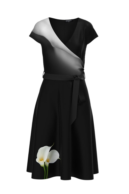 Rochie casual neagra de vara cu maneca scurta si imprimeu Cale CMD919
